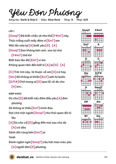 Hợp âm Yêu Đơn Phương (Only C) – bản nhạc PDF trang 1, tông D