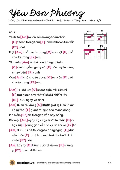 Hợp âm Yêu Đơn Phương (Kimmese) – bản nhạc PDF trang 1, tông Am