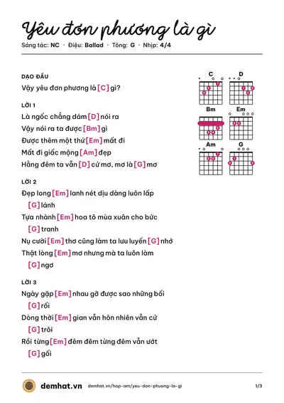 Hợp âm Yêu đơn phương là gì (NC) – bản nhạc PDF trang 1, tông G
