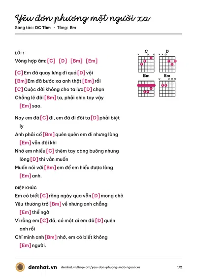 Hợp âm Yêu đơn phương một người xa (DC Tâm) – bản nhạc PDF trang 1, tông Em