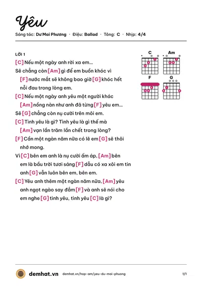 Hợp âm Yêu (Châu Dương) – bản nhạc PDF trang 1, tông C