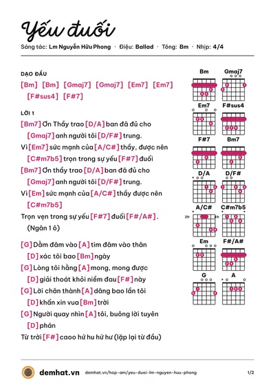 Hợp âm Yếu đuối (Lm Nguyễn Hữu Phong) – bản nhạc PDF trang 1, tông Bm