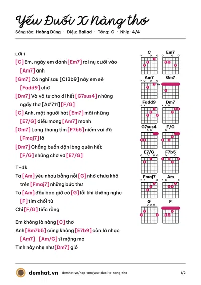 Hợp âm Yếu Đuối X Nàng thơ (Hoàng Dũng) – bản nhạc PDF trang 1, tông C