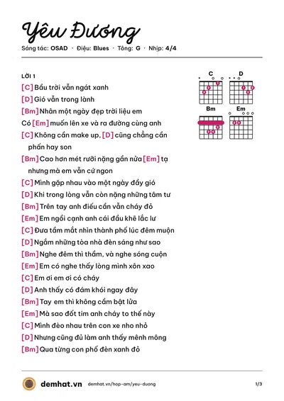 Hợp âm Yêu Đương (OSAD) – bản nhạc PDF trang 1, tông G