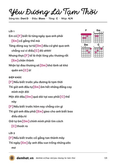 Hợp âm Yêu Đương Là Tạm Thời (Dani D) – bản nhạc PDF trang 1, tông C