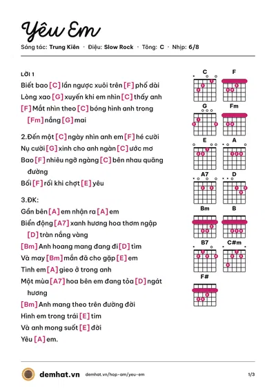 Hợp âm Yêu Em (Phượng Linh) – bản nhạc PDF trang 1, tông C