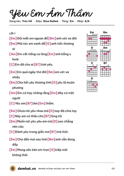 Hợp âm Yêu Em Âm Thầm (Lâm Nhật Tiến) – bản nhạc PDF trang 1, tông Em