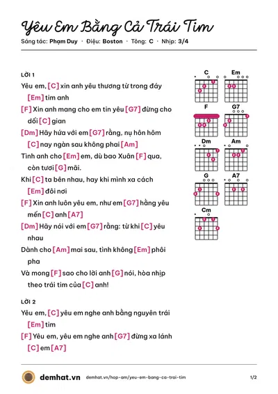 Hợp âm Yêu Em Bằng Cả Trái Tim (Kiều Nga) – bản nhạc PDF trang 1, tông C