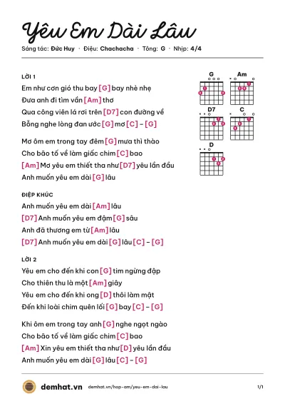 Hợp âm Yêu Em Dài Lâu (Lê Hiếu) – bản nhạc PDF trang 1, tông G