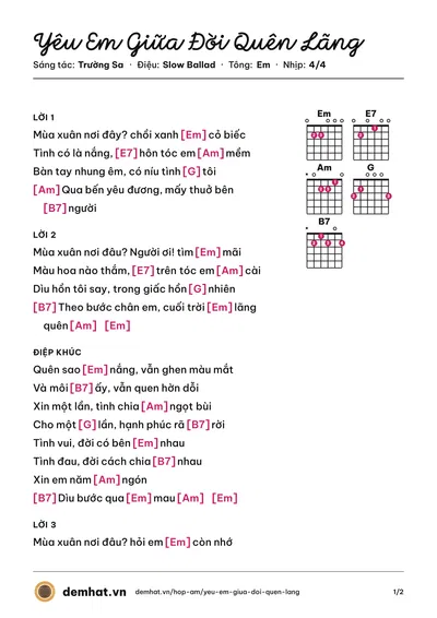 Hợp âm Yêu Em Giữa Đời Quên Lãng (Diệu Hiền) – bản nhạc PDF trang 1, tông Em