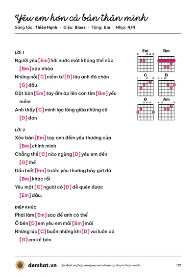 Hợp âm Yêu em hơn cả bản thân mình (Thiên Hạnh) – bản nhạc PDF trang 1, tông Em