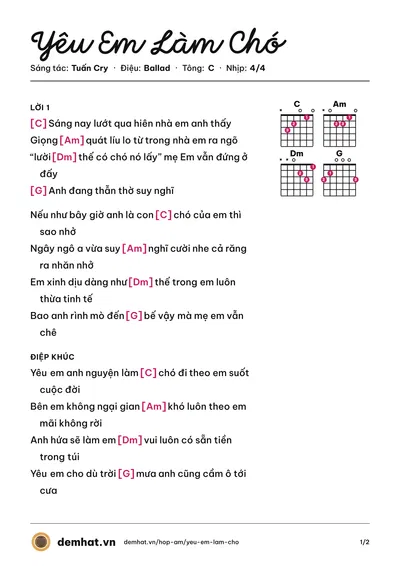 Hợp âm Yêu Em Làm Chó (Tuấn Cry) – bản nhạc PDF trang 1, tông C