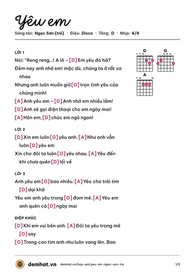 Hợp âm Yêu em (Ngọc Sơn (trẻ)) – bản nhạc PDF trang 1, tông D