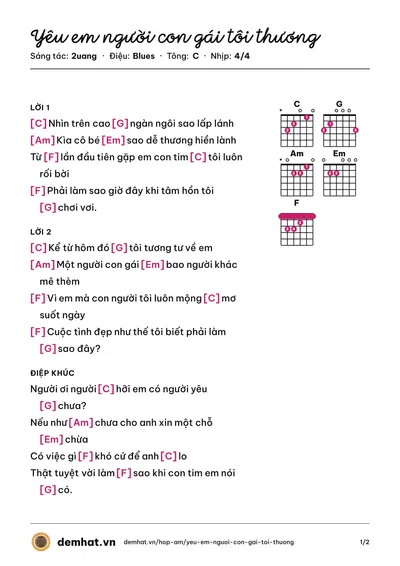 Hợp âm Yêu em người con gái tôi thương (2uang) – bản nhạc PDF trang 1, tông C