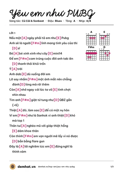 Hợp âm Yêu em như PUBG (Củ Cải) – bản nhạc PDF trang 1, tông A