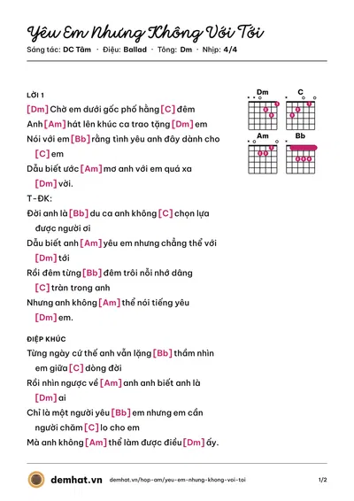 Hợp âm Yêu Em Nhưng Không Với Tới (Bùi Vĩnh Phúc) – bản nhạc PDF trang 1, tông Dm