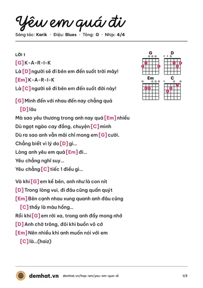 Hợp âm Yêu em quá đi (Karik) – bản nhạc PDF trang 1, tông G