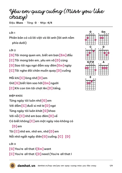 Hợp âm Yêu em quay cuồng (Miss you like crazy) (Đan Trường) – bản nhạc PDF trang 1, tông G
