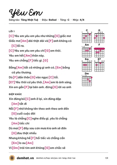 Hợp âm Yêu Em (Lynk Lee) – bản nhạc PDF trang 1, tông C