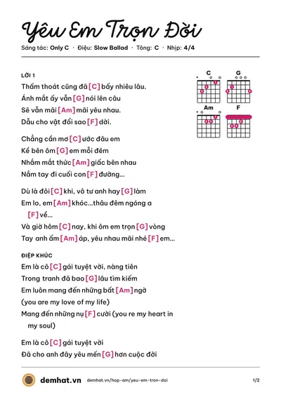 Hợp âm Yêu Em Trọn Đời (Only C) – bản nhạc PDF trang 1, tông C
