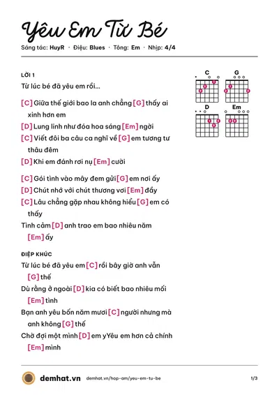 Hợp âm Yêu Em Từ Bé (HuyR) – bản nhạc PDF trang 1, tông Em
