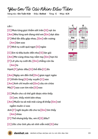 Hợp âm Yêu Em Từ Cái Nhìn Đầu Tiên (Gin Tuấn Kiệt) – bản nhạc PDF trang 1, tông C