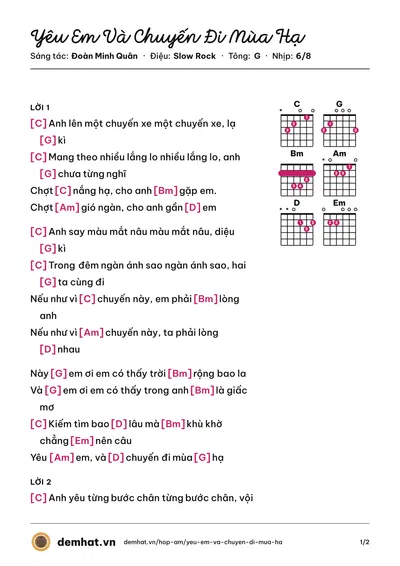 Hợp âm Yêu Em Và Chuyến Đi Mùa Hạ (Đoàn Minh Quân) – bản nhạc PDF trang 1, tông G