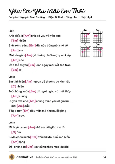 Hợp âm Yêu Em Yêu Mãi Em Thôi (Nguyễn Đình Chương) – bản nhạc PDF trang 1, tông Am