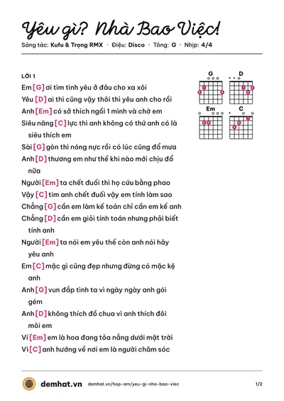 Hợp âm Yêu gì? Nhà Bao Việc! (Kufu) – bản nhạc PDF trang 1, tông G