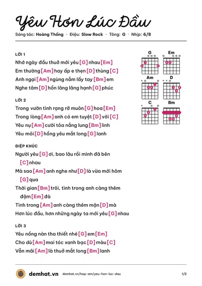 Hợp âm Yêu Hơn Lúc Đầu (Hoàng Thống) – bản nhạc PDF trang 1, tông G