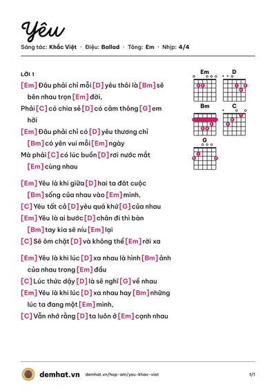Hợp âm Yêu (Khắc Việt) – bản nhạc PDF trang 1, tông Em