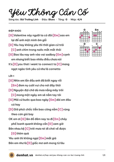 Hợp âm Yêu Không Cần Cố (Bùi Trường Linh) – bản nhạc PDF trang 1, tông G