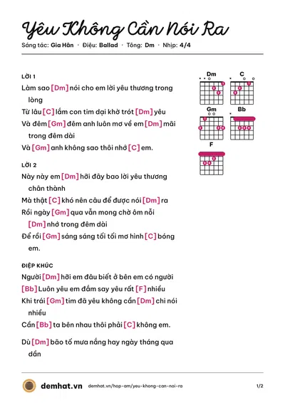 Hợp âm Yêu Không Cần Nói Ra (Lý Tuấn Kiệt) – bản nhạc PDF trang 1, tông Dm