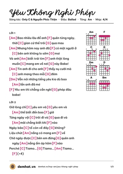 Hợp âm Yêu Không Nghỉ Phép (Only C) – bản nhạc PDF trang 1, tông Am