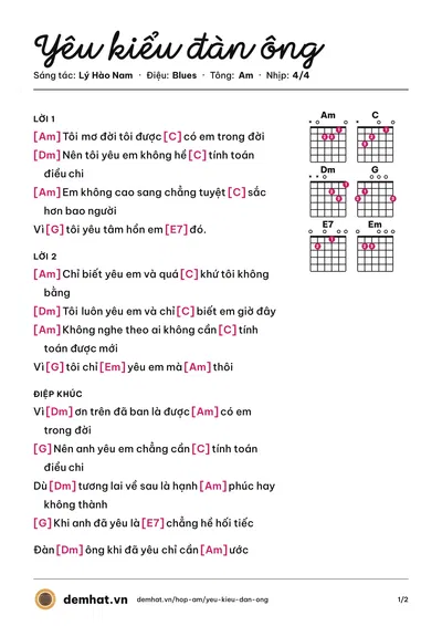 Hợp âm Yêu kiểu đàn ông (Lâm Chấn Huy) – bản nhạc PDF trang 1, tông Am