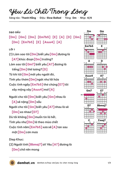 Hợp âm Yêu Là Chết Trong Lòng (Quang Dũng) – bản nhạc PDF trang 1, tông Dm