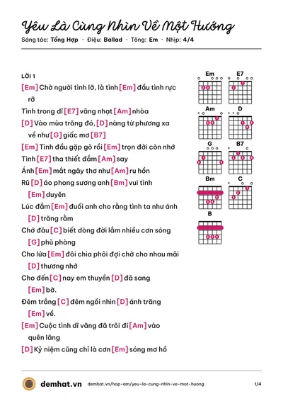 Hợp âm Yêu Là Cùng Nhìn Về Một Hướng (Medley) – bản nhạc PDF trang 1, tông Em