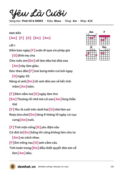 Hợp âm Yêu Là Cưới (Phát Hồ) – bản nhạc PDF trang 1, tông Am