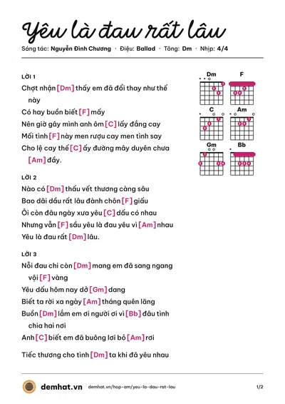 Hợp âm Yêu là đau rất lâu (Nguyễn Đình Chương) – bản nhạc PDF trang 1, tông Dm