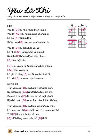 Hợp âm Yêu Là Khi (Võ Ê Vo) – bản nhạc PDF trang 1, tông C