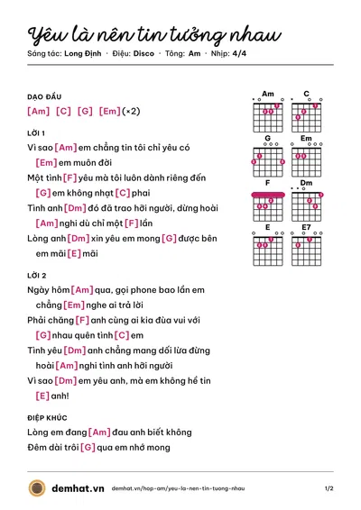 Hợp âm Yêu là nên tin tưởng nhau (Long Định) – bản nhạc PDF trang 1, tông Am