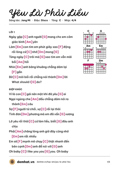 Hợp âm Yêu Là Phải Liều (Jang Mi) – bản nhạc PDF trang 1, tông C