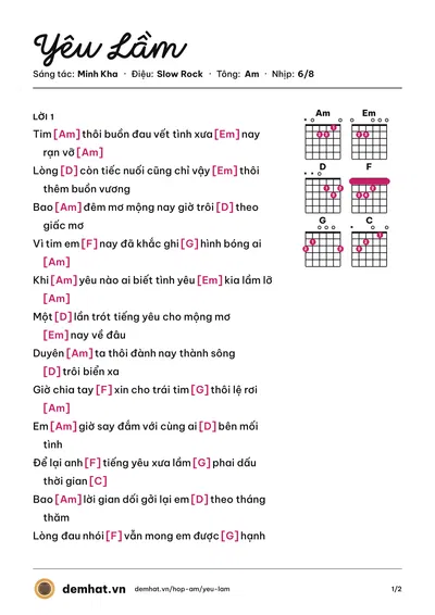 Hợp âm Yêu Lầm (Lý Hải) – bản nhạc PDF trang 1, tông Am