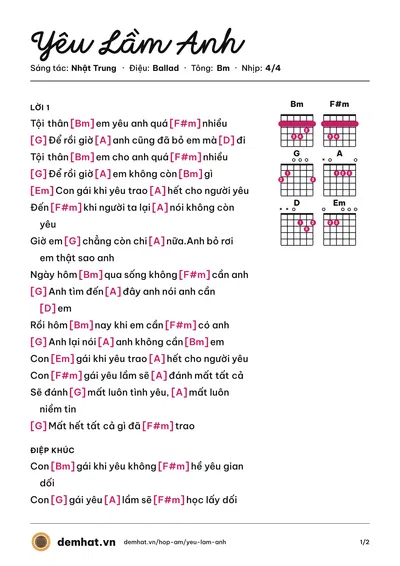Hợp âm Yêu Lầm Anh (Minh Hằng) – bản nhạc PDF trang 1, tông Bm