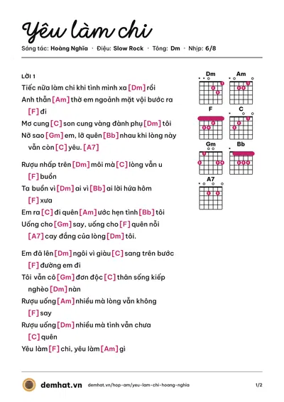 Hợp âm Yêu làm chi (Hoàng Nghĩa) – bản nhạc PDF trang 1, tông Dm