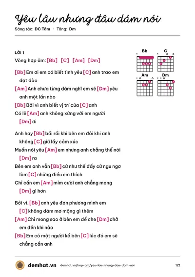 Hợp âm Yêu lâu nhưng đâu dám nói (Dương Minh Tuấn) – bản nhạc PDF trang 1, tông Dm