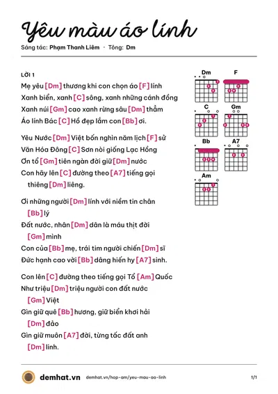 Hợp âm Yêu màu áo lính (Anh Dinh) – bản nhạc PDF trang 1, tông Dm