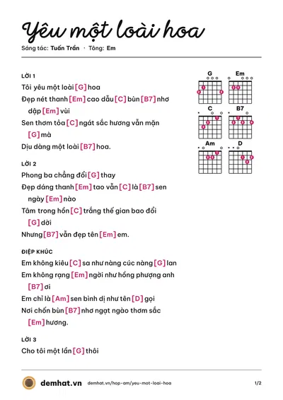 Hợp âm Yêu một loài hoa (Đam San) – bản nhạc PDF trang 1, tông Em