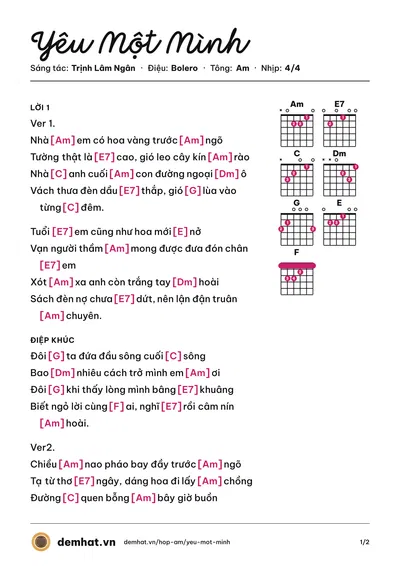 Hợp âm Yêu Một Mình (Như Quỳnh) – bản nhạc PDF trang 1, tông Am