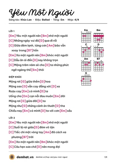 Hợp âm Yêu Môt Người (Tô Chấn Phong) – bản nhạc PDF trang 1, tông Em